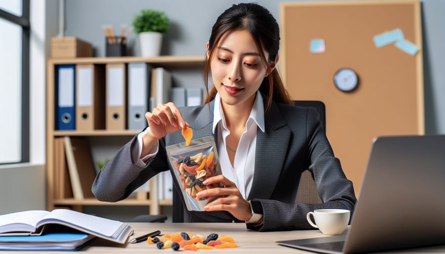 A professional woman at her office desk, reaching into a bag of freeze dried fruits for a quick and healthy snack, with her busy workspace visible in the background.