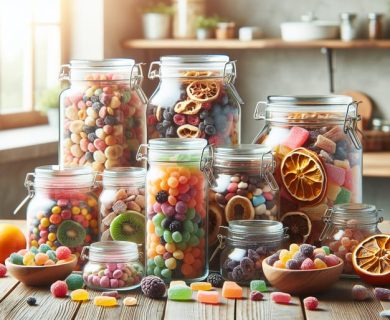 An assortment of colorful freeze dried fruits and candies displayed in glass jars on a rustic wooden table in a sunny kitchen setting.