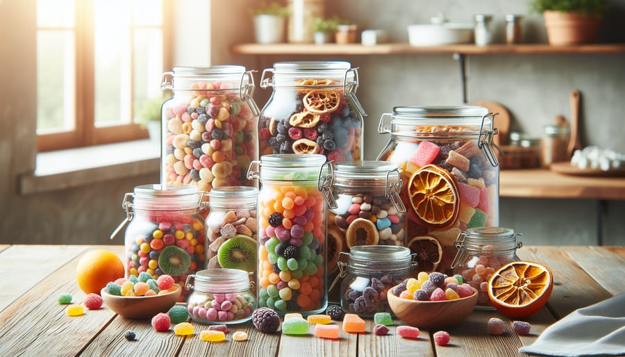 An assortment of colorful freeze dried fruits and candies displayed in glass jars on a rustic wooden table in a sunny kitchen setting.