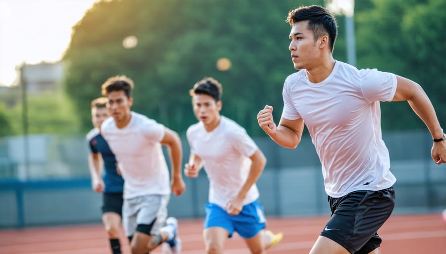 Group of athletes participating in energetic physical exercises, indicating improved performance