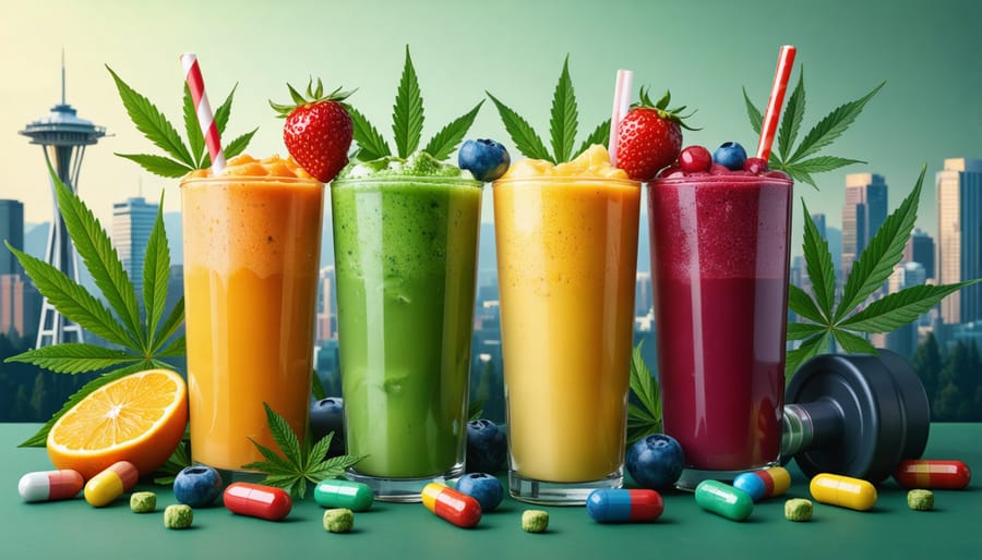 An illustration depicting THCA-infused smoothies and capsules with cannabis leaves and gym equipment, symbolizing the fusion of THCA and fitness in Vancouver.