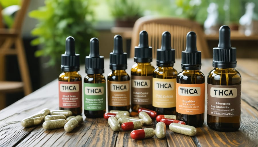 Assortment of THCA consumable products including capsules and tinctures